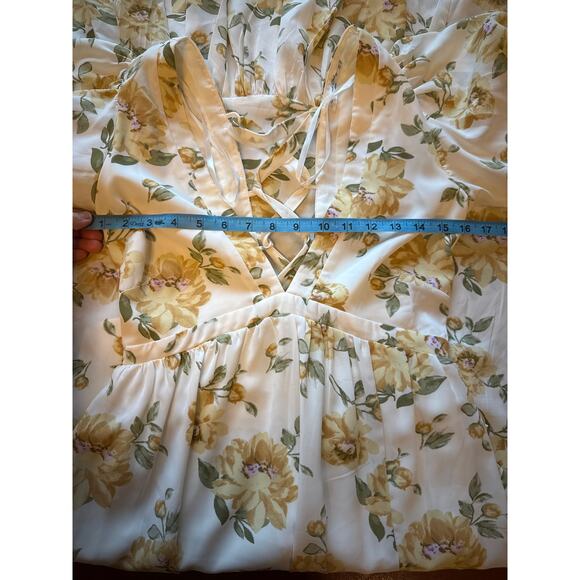 Cottagecore Milkmaid Lace-Up Corset Back Midi Dress Yellow Floral Puff Sleeve S - Picture 6 of 7